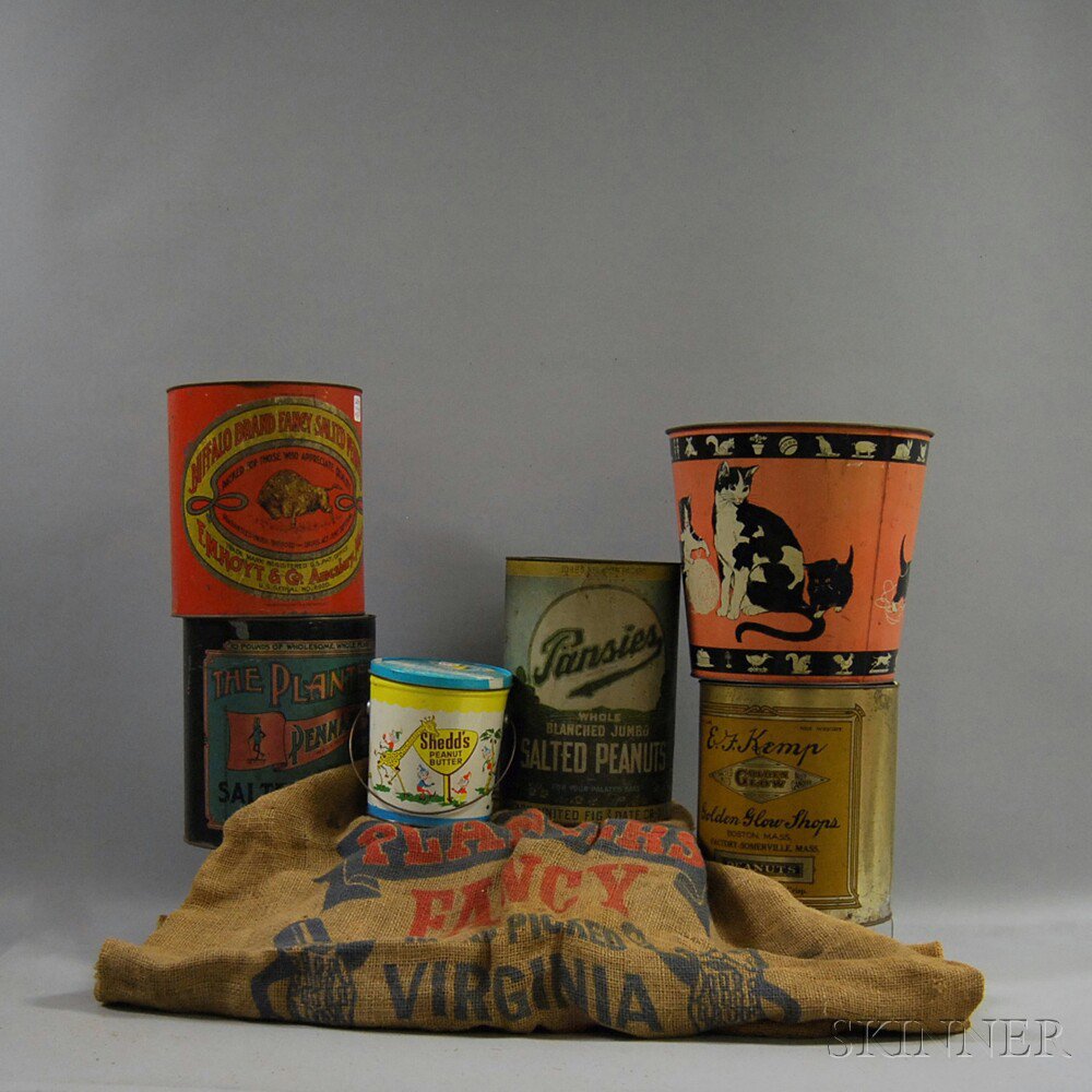 Appraisal: Five Chromolithographed Tin Peanuts Peanut Butter Tins Kittens Wastebasket and