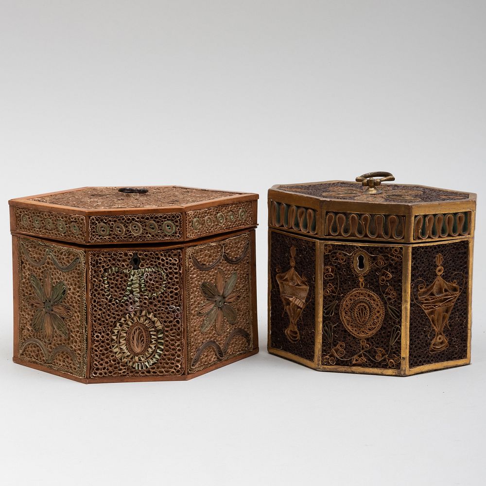 Appraisal: Two English Polychrome and Gilt Roll Paper Tea Caddies The