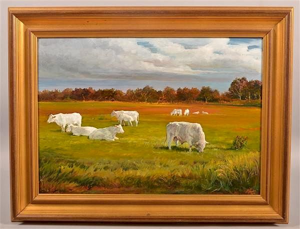 Appraisal: Biff Heins oil on board landscape with cattle Biff Heins