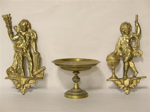 Appraisal: CONTINENTAL BRONZE TAZZA w PAIR OF CHERUBS th century Grand