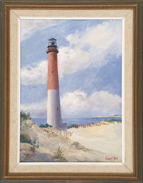 Appraisal: FRAMED PAINTING UNTRACED ARTIST A lighthouse by the sea Signed