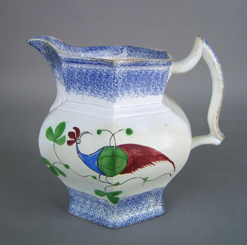 Appraisal: Blue spatter pitcher th c with peafowl decoration h