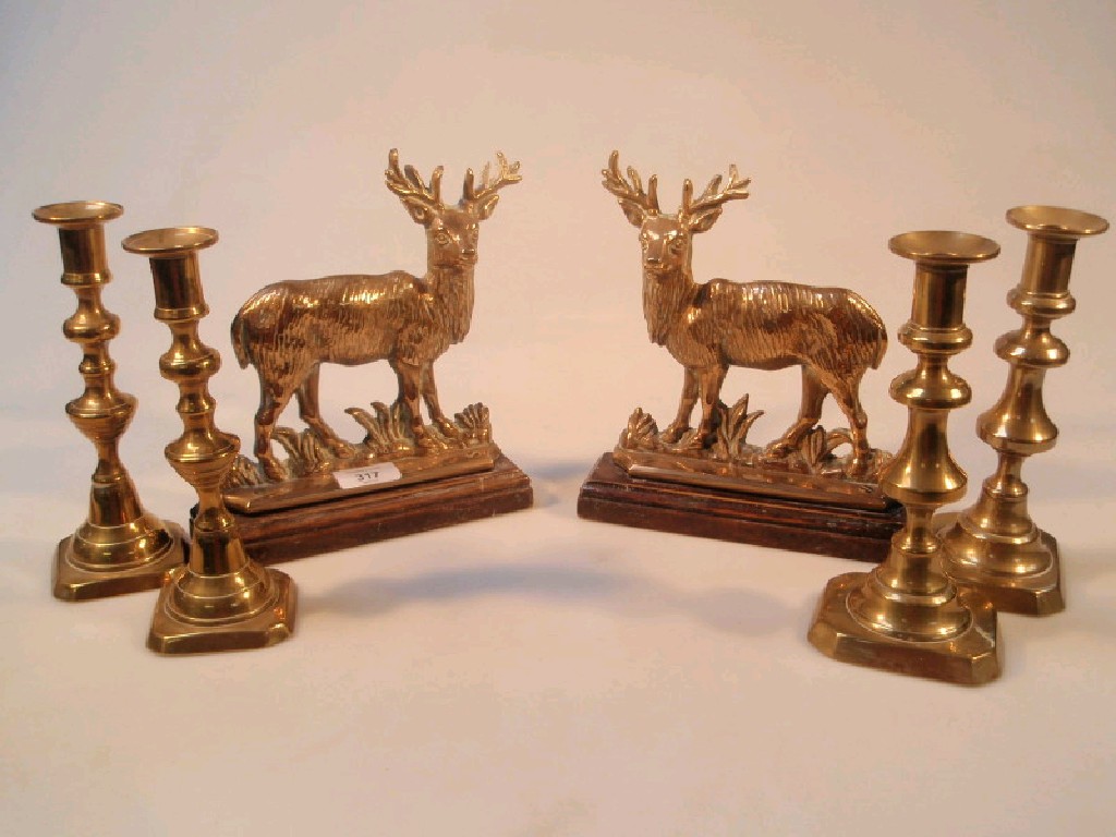 Appraisal: Pair of cast brass stag mantel ornaments and two pairs