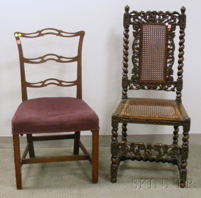 Appraisal: Jacobean-style Caned Carved Beechwood Side Chair and a Chippendale-style Upholstered