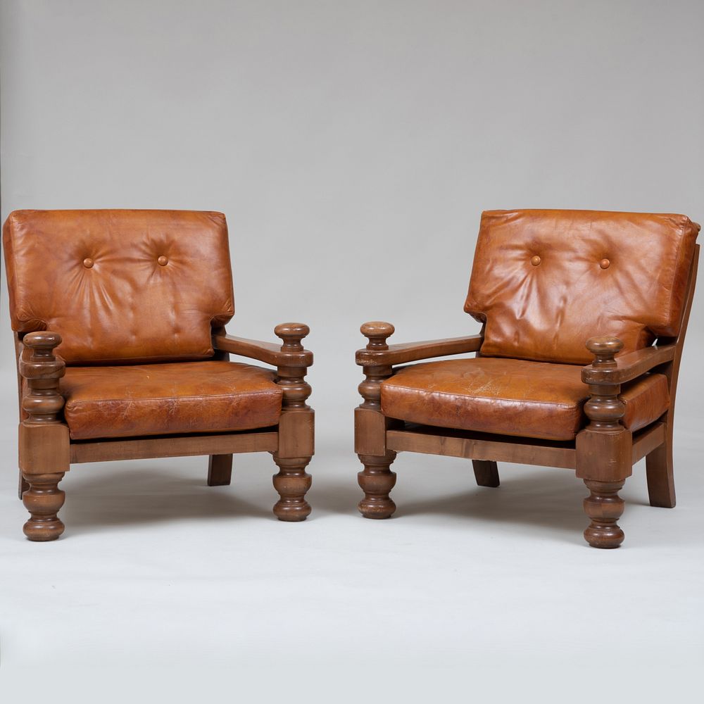 Appraisal: Pair of Large Modern Mahogany and Leather Armchairs x x