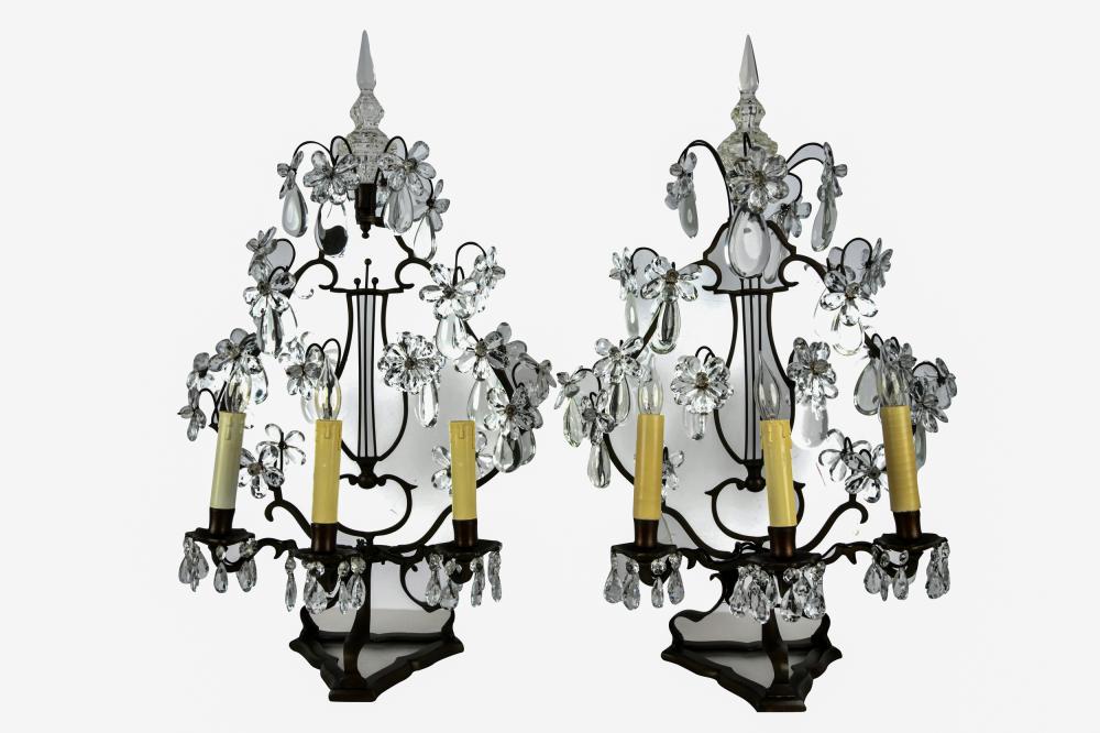 Appraisal: PAIR OF FRENCH METAL AND CRYSTAL GIRANDOLE LAMPSwith modern electrification