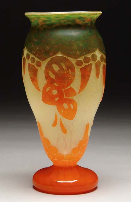 Appraisal: LE VERRE FRANCAIS VASE Colorful stylized orange fruit on strong