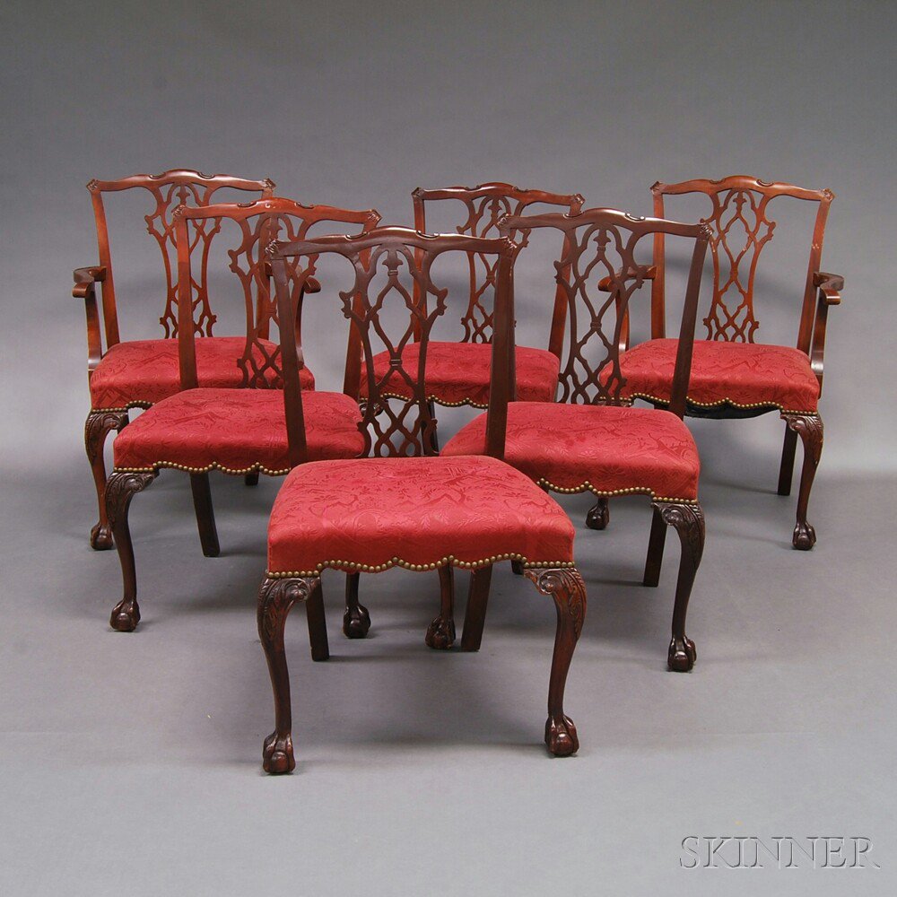 Appraisal: Set of Six Chippendale-style Carved Mahogany Chairs four side and