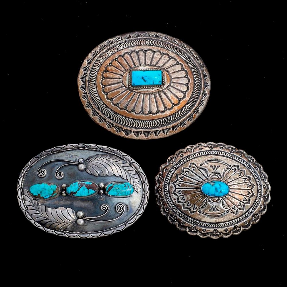 Appraisal: NAVAJO BELT BUCKLES Three Vintage old pawn turquoise and silver