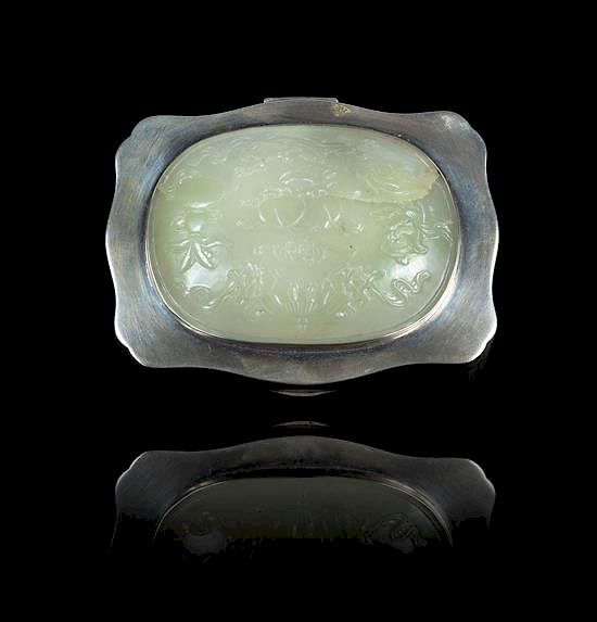 Appraisal: A White Jade Inset Silver Hinged Box Width of jade