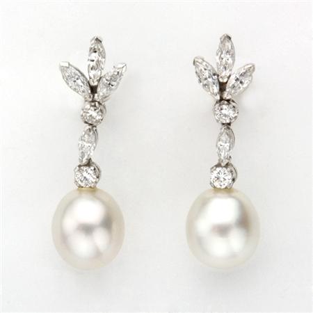 Appraisal: Pair of Diamond and Cultured Pearl Pendant-Earrings Estimate -