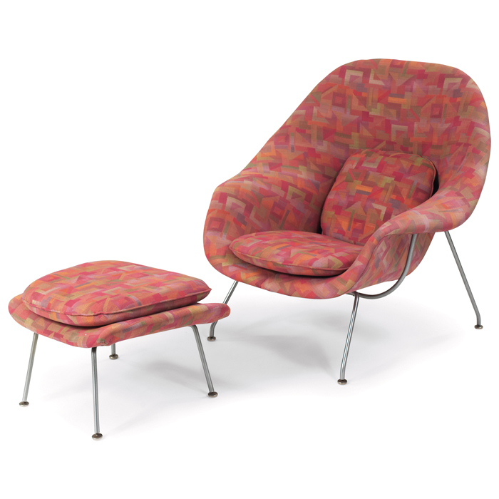 Appraisal: Eero Saarinen Womb chair ottoman by Knoll patterned upholstery chrome-plated