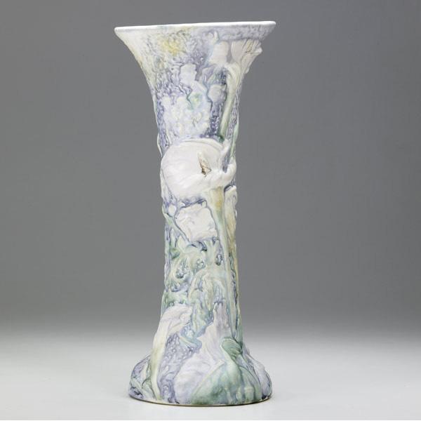 Appraisal: WELLER Silvertone vase with calla lilies Kiln stamp DE