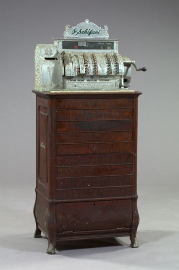 Appraisal: American Late Victorian Cast-Iron and Quarter-Sawn Oak National Cash Register-on-Cabinet