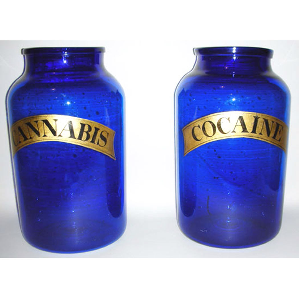 Appraisal: Pair of Cobalt Glass Apothecary Jars One titled Cannabis the