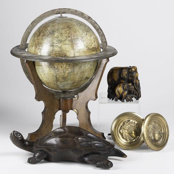 Appraisal: DECORATIVE GROUPING Five pieces include table globe on stand carved