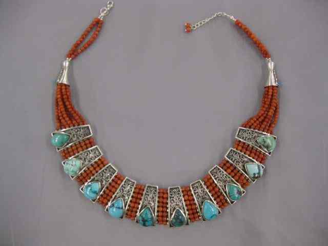 Appraisal: Coral Turquoise Sterling Necklace fancy filigree panels strands '' long