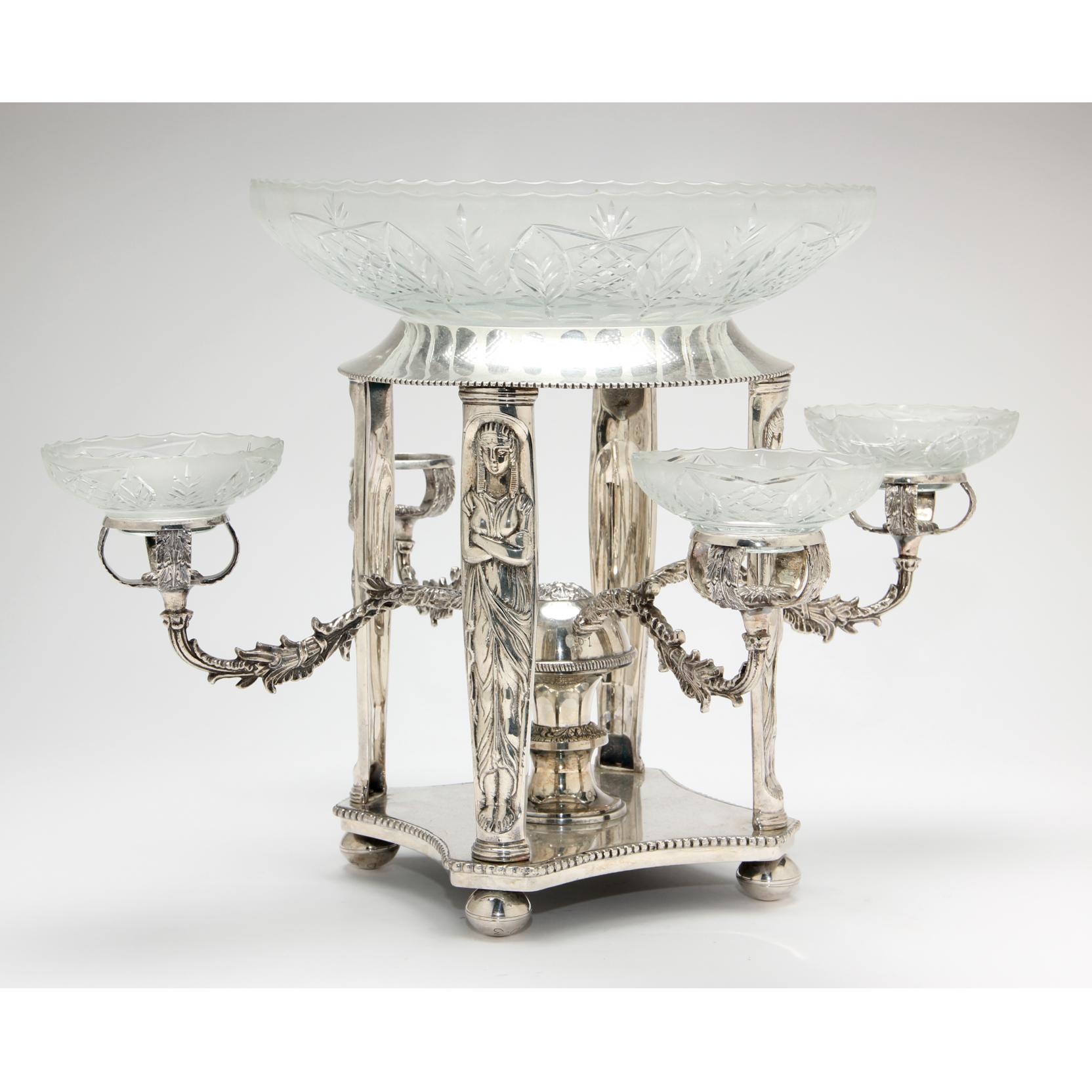 Appraisal: Egyptian Revival Silverplate Epergne caryatid supports raised the large cut