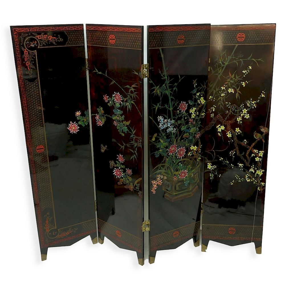 Appraisal: Chinese Screen Chinese Panel Lacquered Wood Screen Decorated with perched