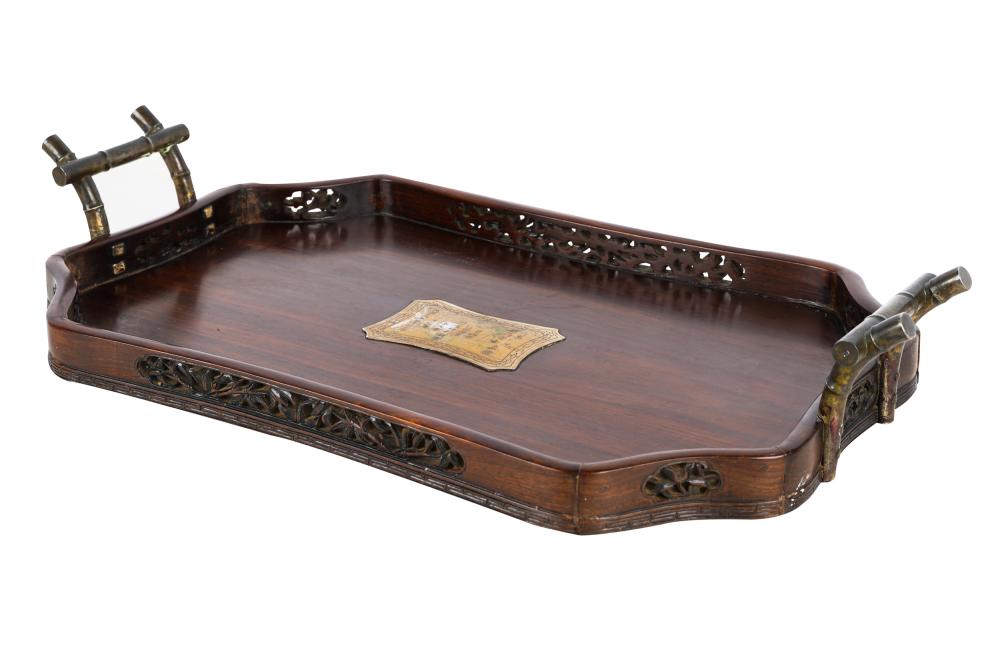 Appraisal: CHINESE SILVER-MOUNTED HARDWOOD PRESENTATION TRAYthe center of the tray with