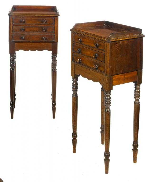 Appraisal: A PAIR OF MAHOGANY BEDSIDE TABLES with three quarter gallery