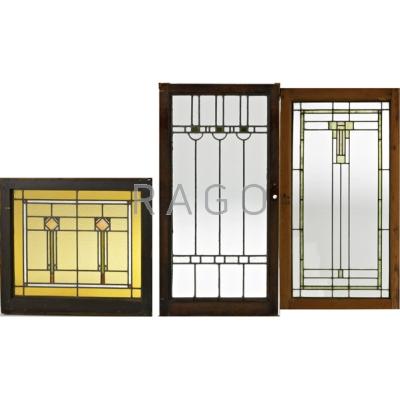 Appraisal: PRAIRIE SCHOOL Three geometrically patterned leaded glass windows c Largest