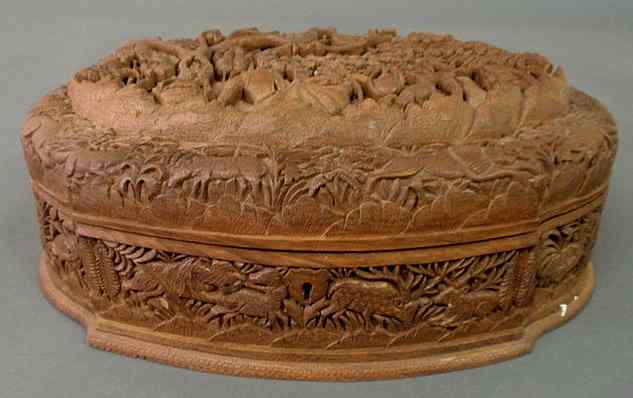 Appraisal: Highly carved jewelry box with figures and animals c x