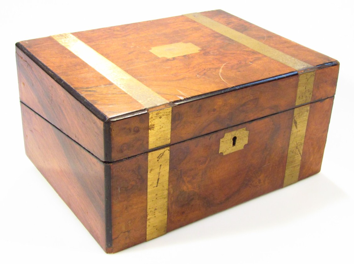 Appraisal: A thC walnut and metal bound writing box the rectangular