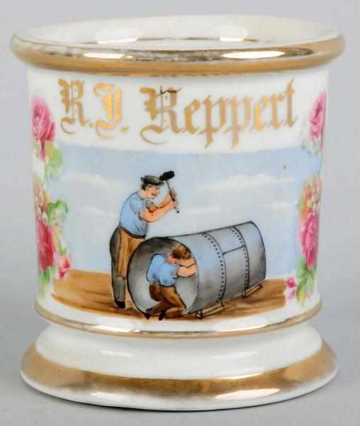 Appraisal: Tinsmith Shaving Mug Gilt name R J Reppert Nice image