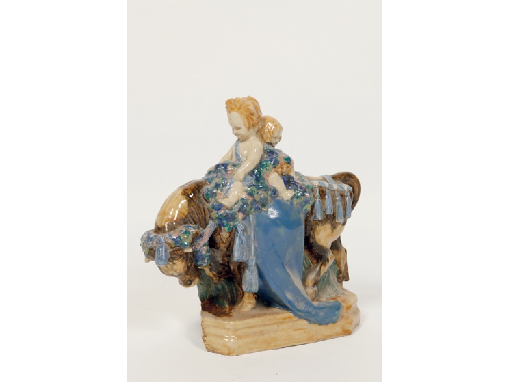 Appraisal: HAROLD STABLER A pottery model of two cherubic children riding