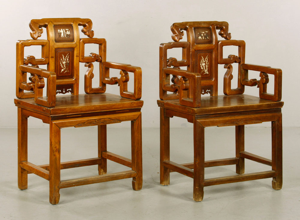 Appraisal: - Pr th C Chinese Inlaid Armchairs Pair of th