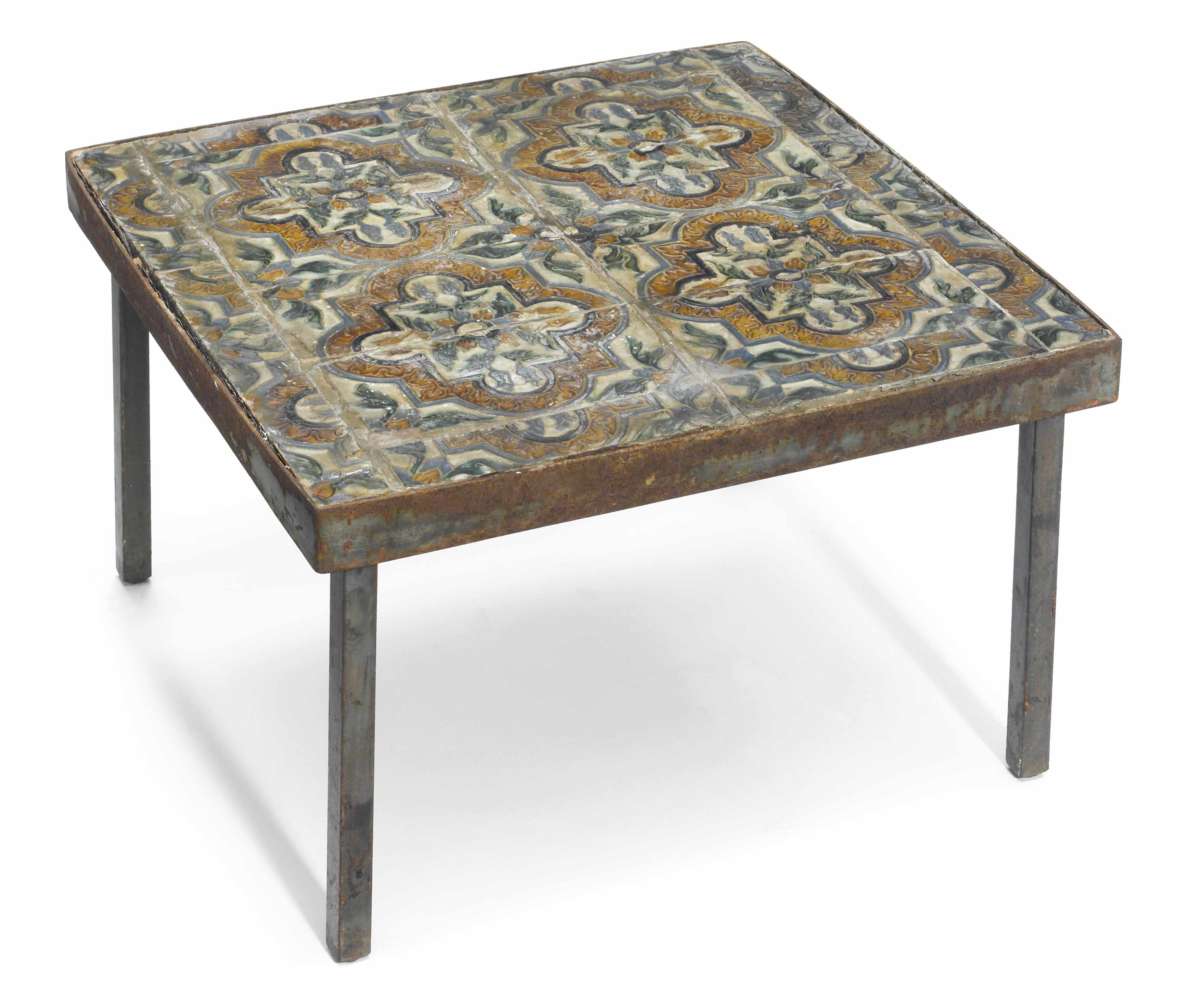 Appraisal: An antique tile steel and iron side table the tile