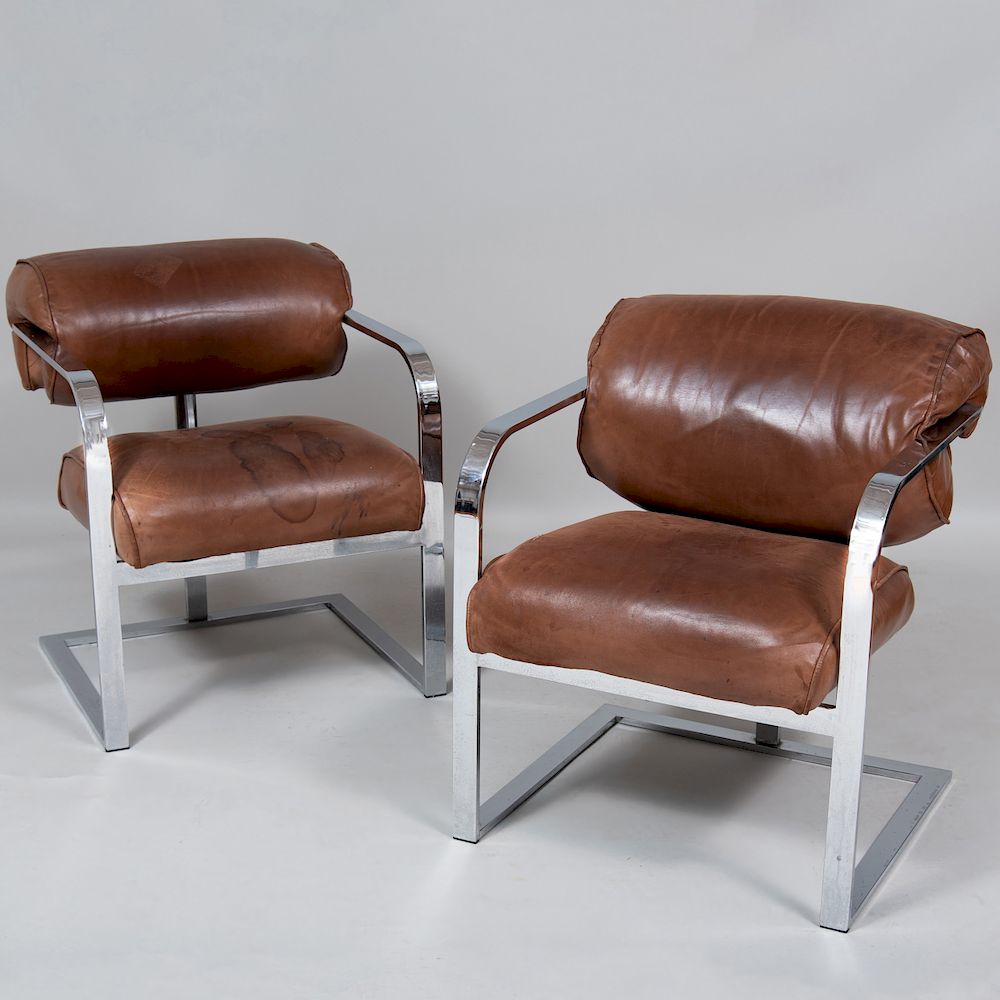 Appraisal: Pair of Italian Chrome and Leather Armchairs x x in