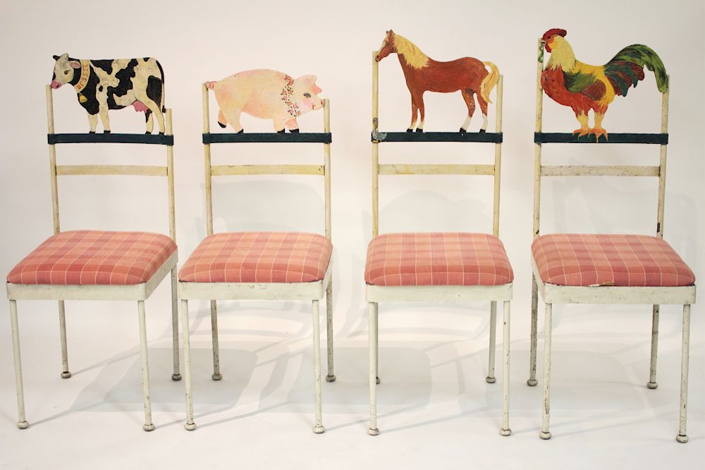 Appraisal: Iron Side Chairs Hand Painted W Farm Animals Cushioned upholstered