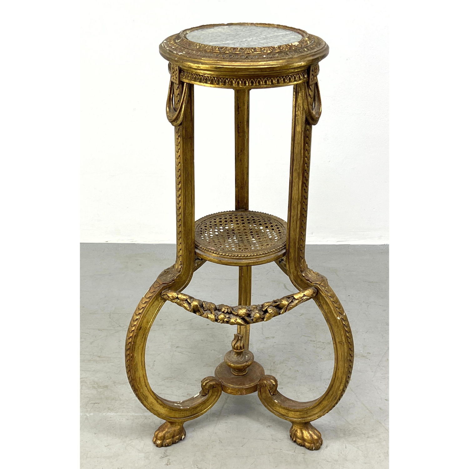 Appraisal: French style Marble Top Pedestal Ornate gessoed carved wood frame