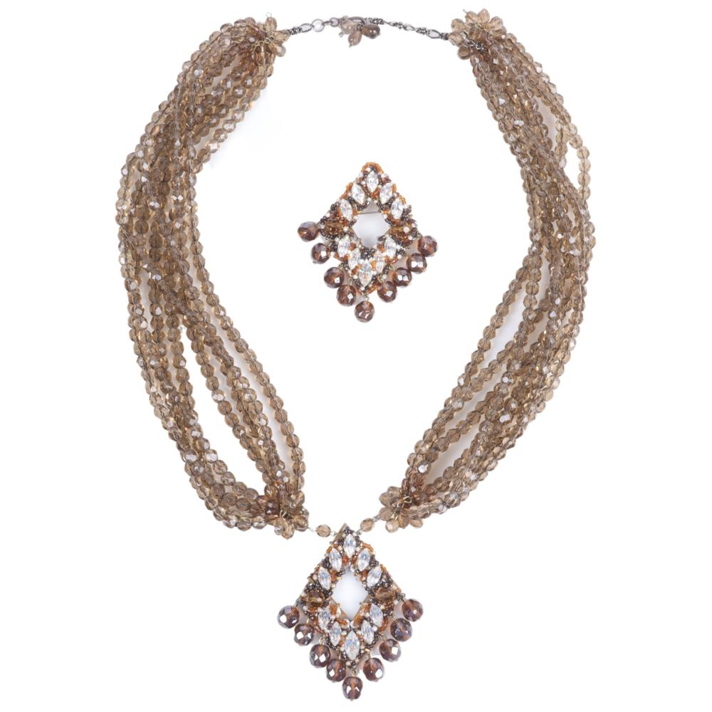 Appraisal: COPPOLA E TOPPO SMOKY GRAY MULTI-STRAND CRYSTAL NECKLACE PIN SET