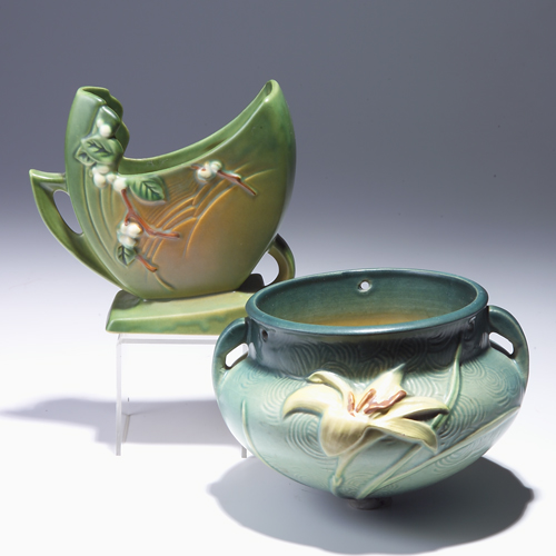 Appraisal: Two green ROSEVILLE pieces to include a Snowberry flat vase