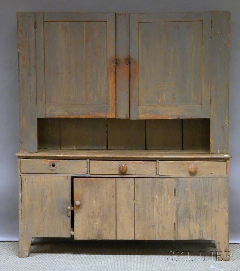 Appraisal: Gray-painted Pine Step-back Cupboard in two parts upper cabinet with