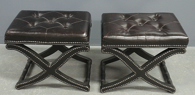 Appraisal: - Pair of black leather top stools h tops x