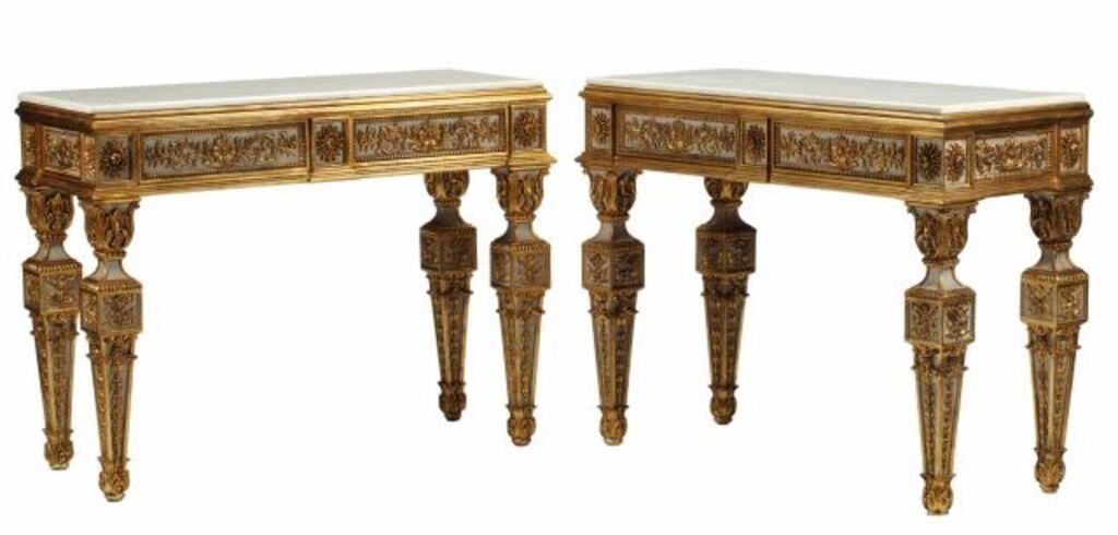 Appraisal: pair Neoclassical style parcel gilt and painted console tables with