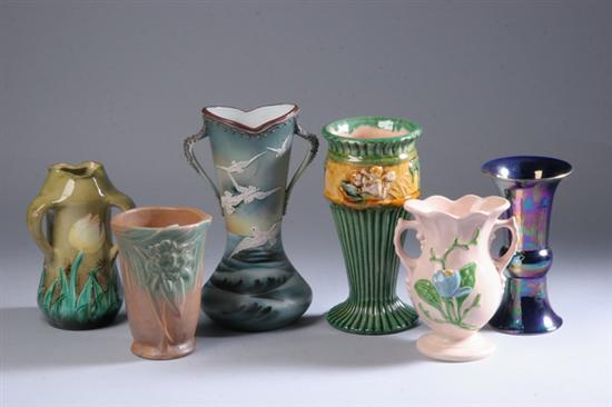 Appraisal: SIX PIECES ART POTTERY AND GLASS Including handled vase hand-painted