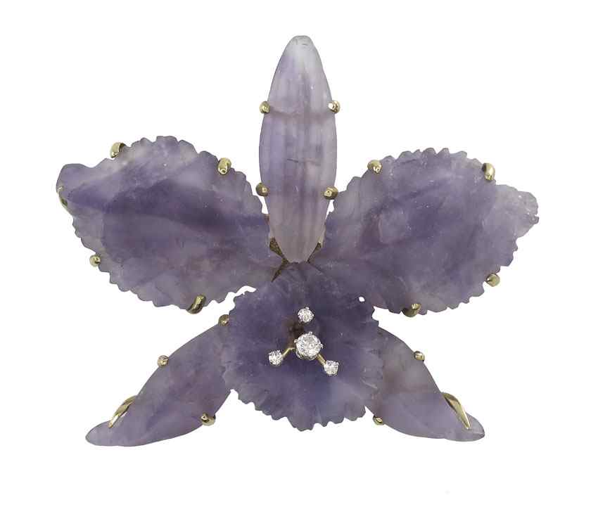 Appraisal: K AMETHYST DIAMOND ORCHID BROOCH K yellow gold brooch contains