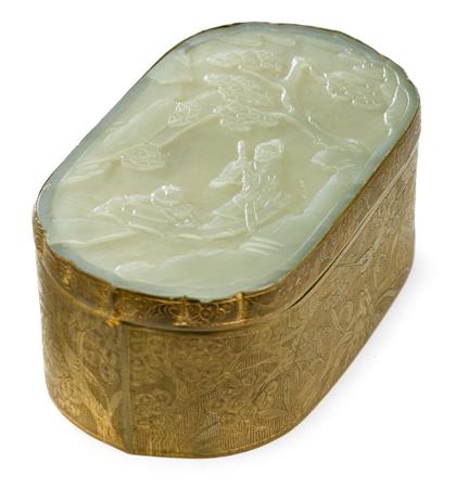 Appraisal: Chinese light celadon jade mounted gilt-metal boxlate th century