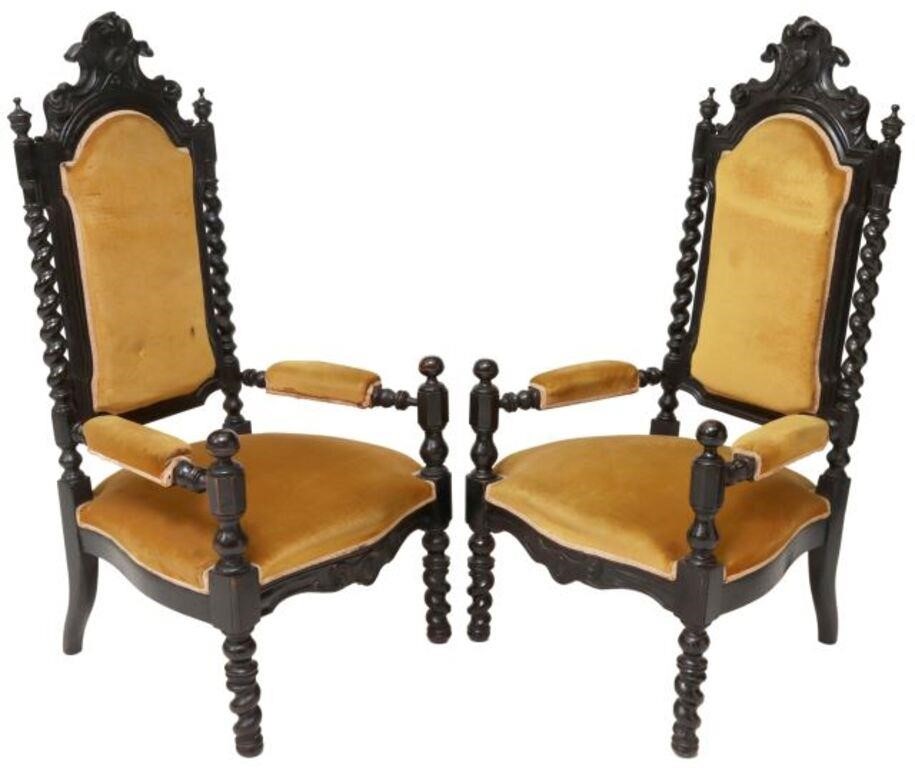 Appraisal: pair French ebonized wood armchairs late th c having shield