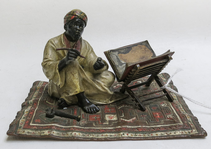 Appraisal: COLD PAINTED BERGMANN BRONZE SCULPTURE Arab scribe on carpet next