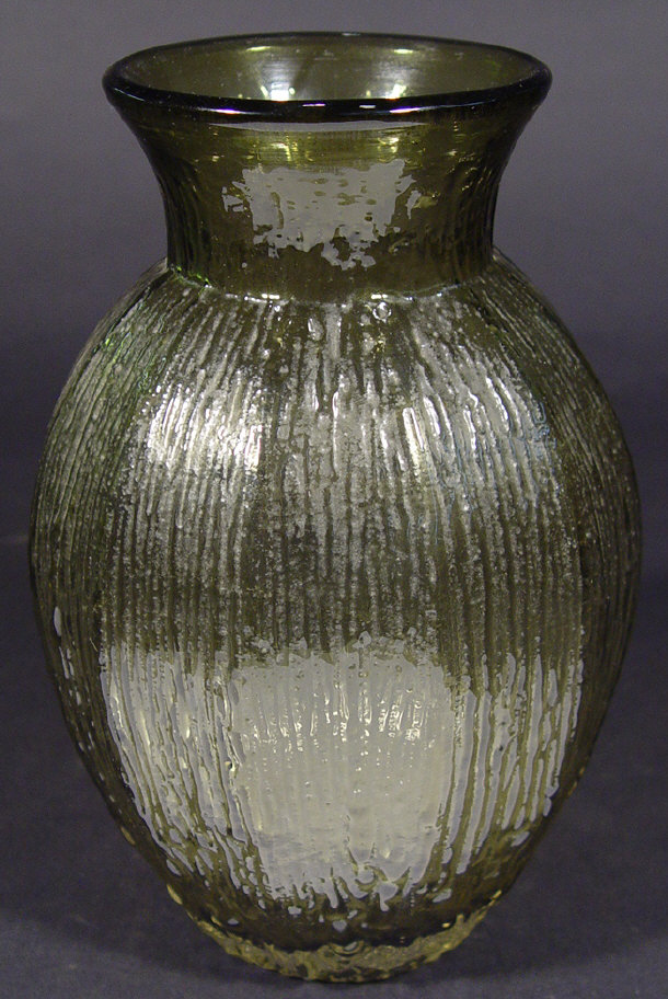 Appraisal: Whitefriars sage green glass vase of ovoid form moulded with