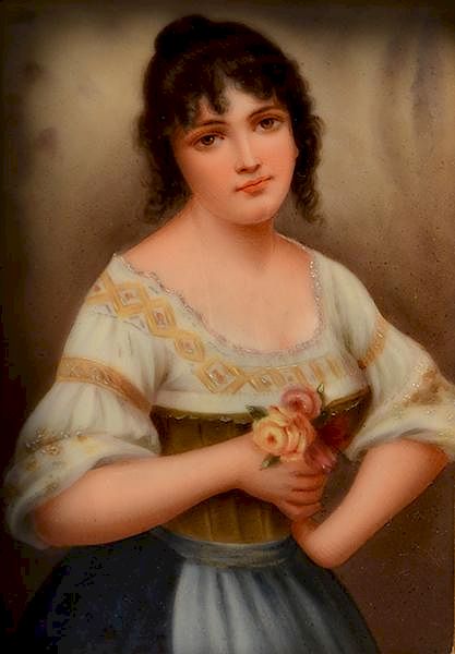 Appraisal: German hard paste porcelain plaque of young peasant girl holding