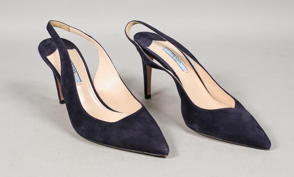 Appraisal: Prada navy blue suede slingbacks size straps and buckle closure