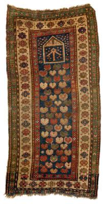 Appraisal: Kazak prayer rug repeating designs on dark blue field rectilinear