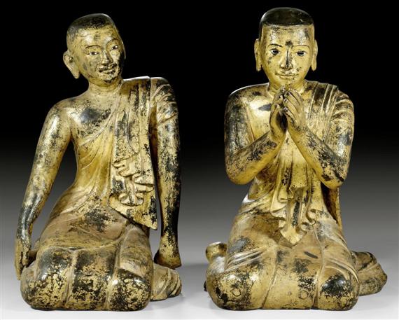 Appraisal: TWO LACQUERED WOOD SCULPTURES OF SARIPUTRA AND MOGGALLANA Burma th